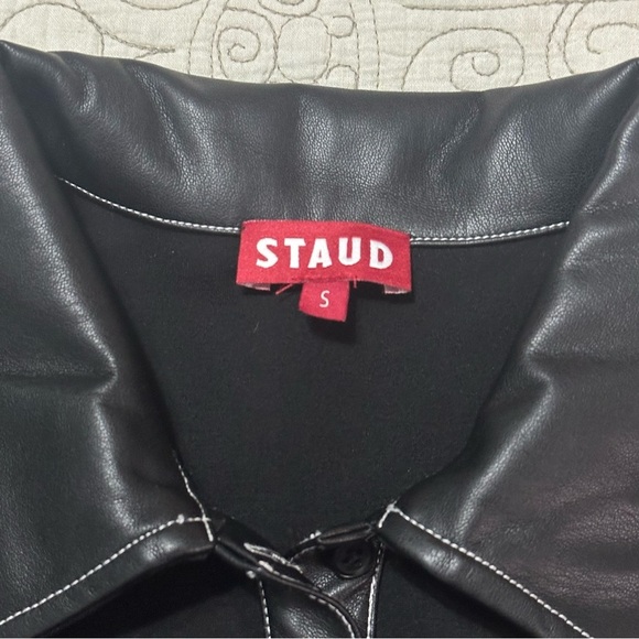 NEW Staud Jay Polo Dress Sz S Black Faux Leather White Contrast Stitch Collar - Picture 8 of 10